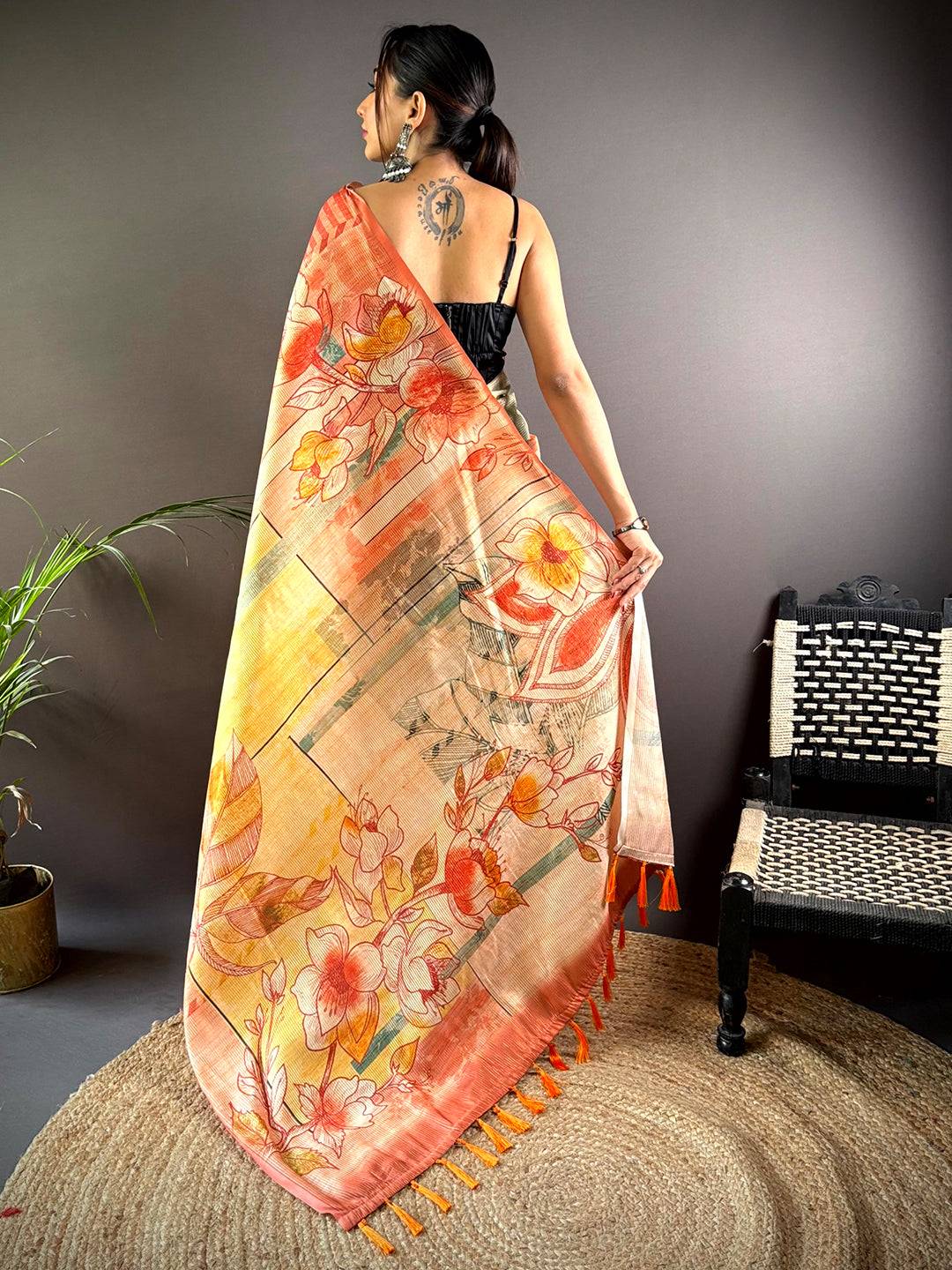 Orange Tussar Silk Lush Botanical Prints Saree by My Store