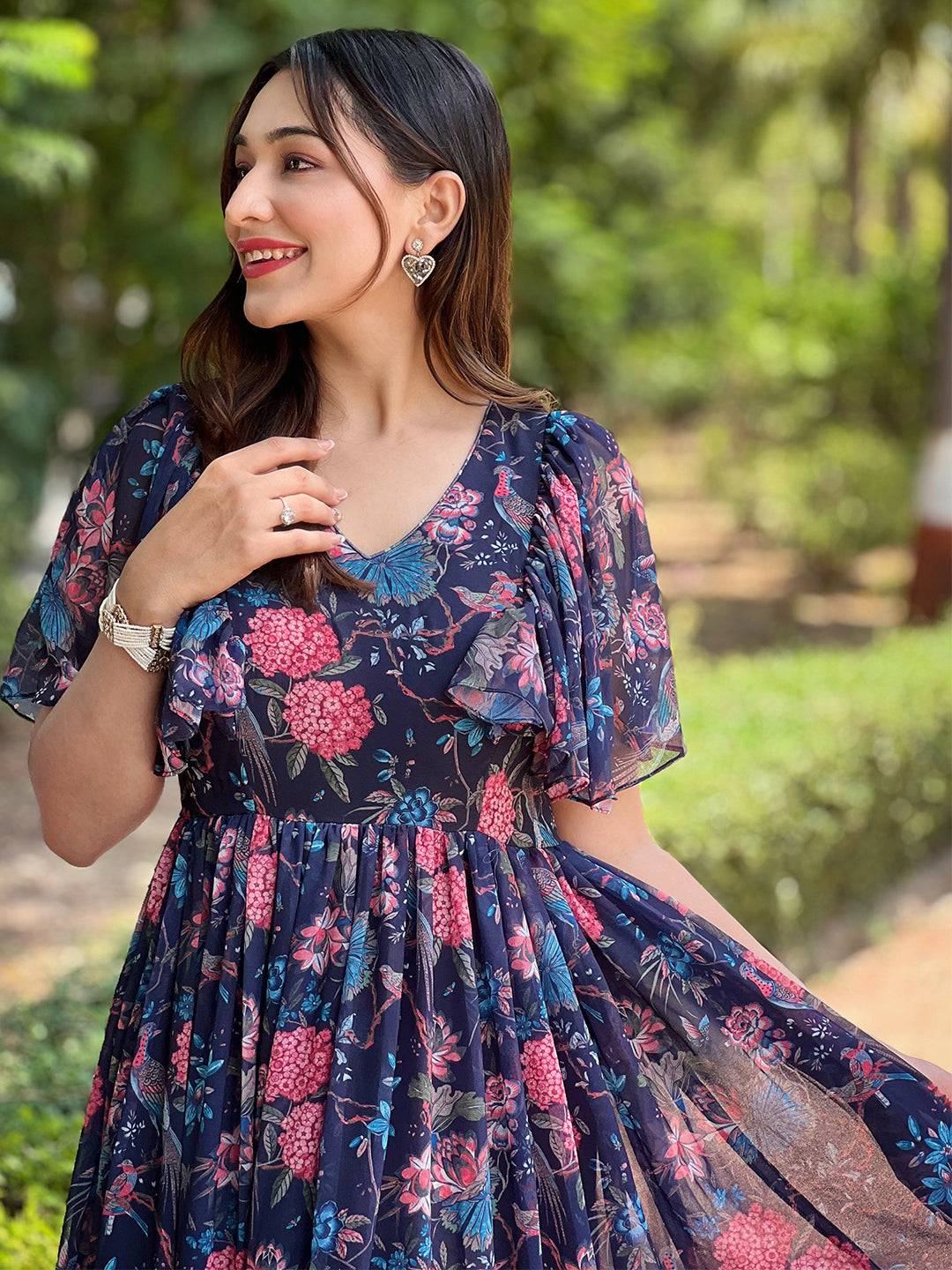 Midnight Navy Floral V-Neck Dress by My Store