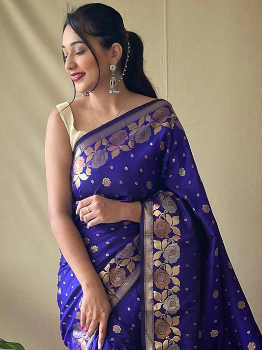 Royal Blue Suhani Banarasi Silk Zari Woven Saree by My Store