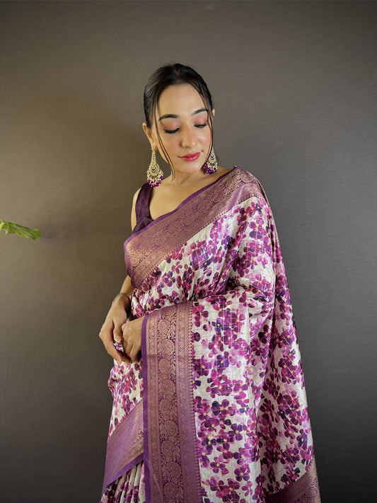 Radiant in Wine Floral Print Saree by My Store