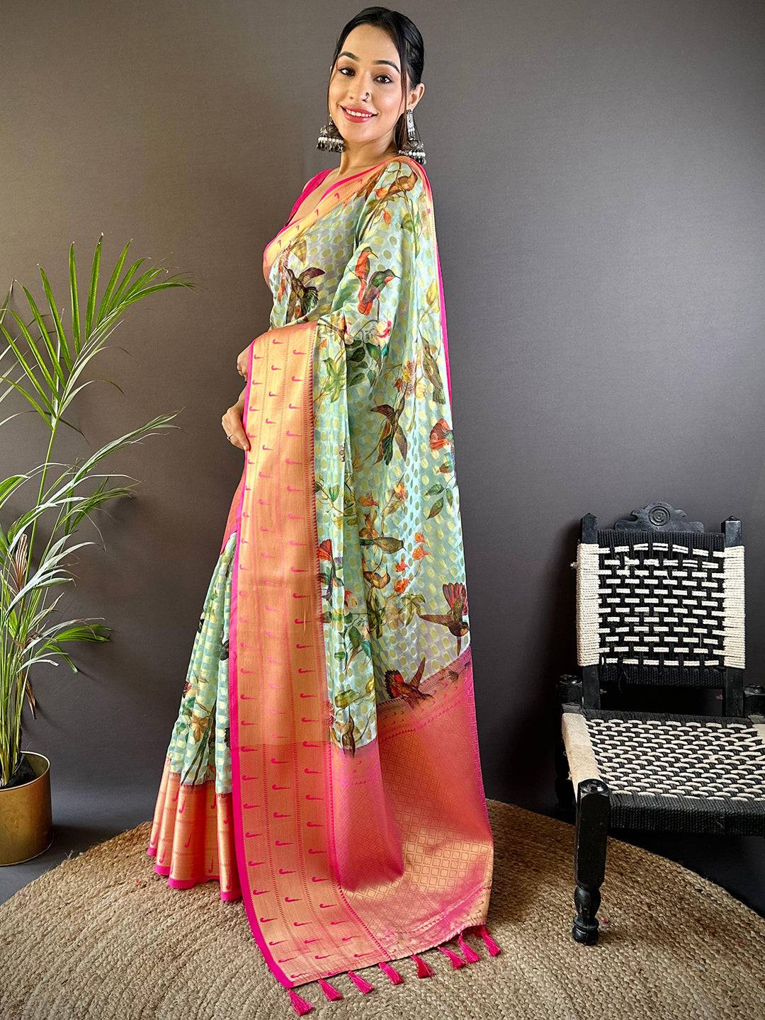 Mint Green Paithani Kora Silk Saree by My Store