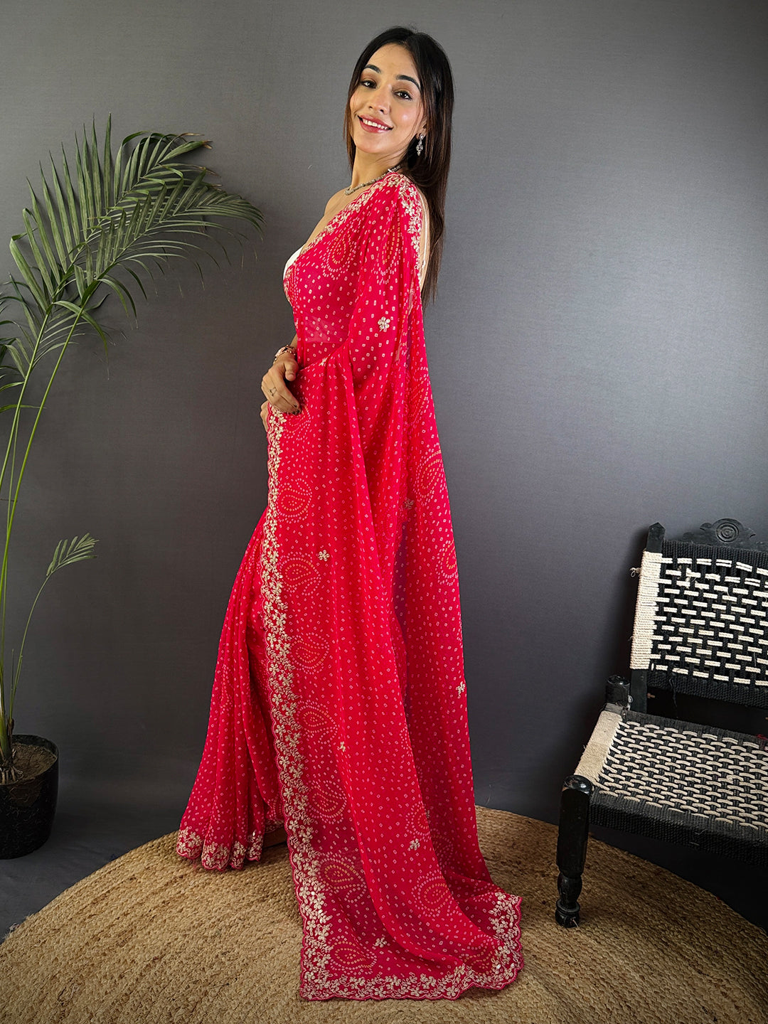 Radiant Pink Soft Georgette Bandhej Print Saree by My Store