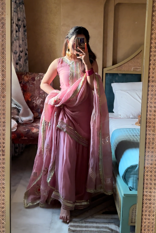 Person wearing a pink saree with gold details in a room.