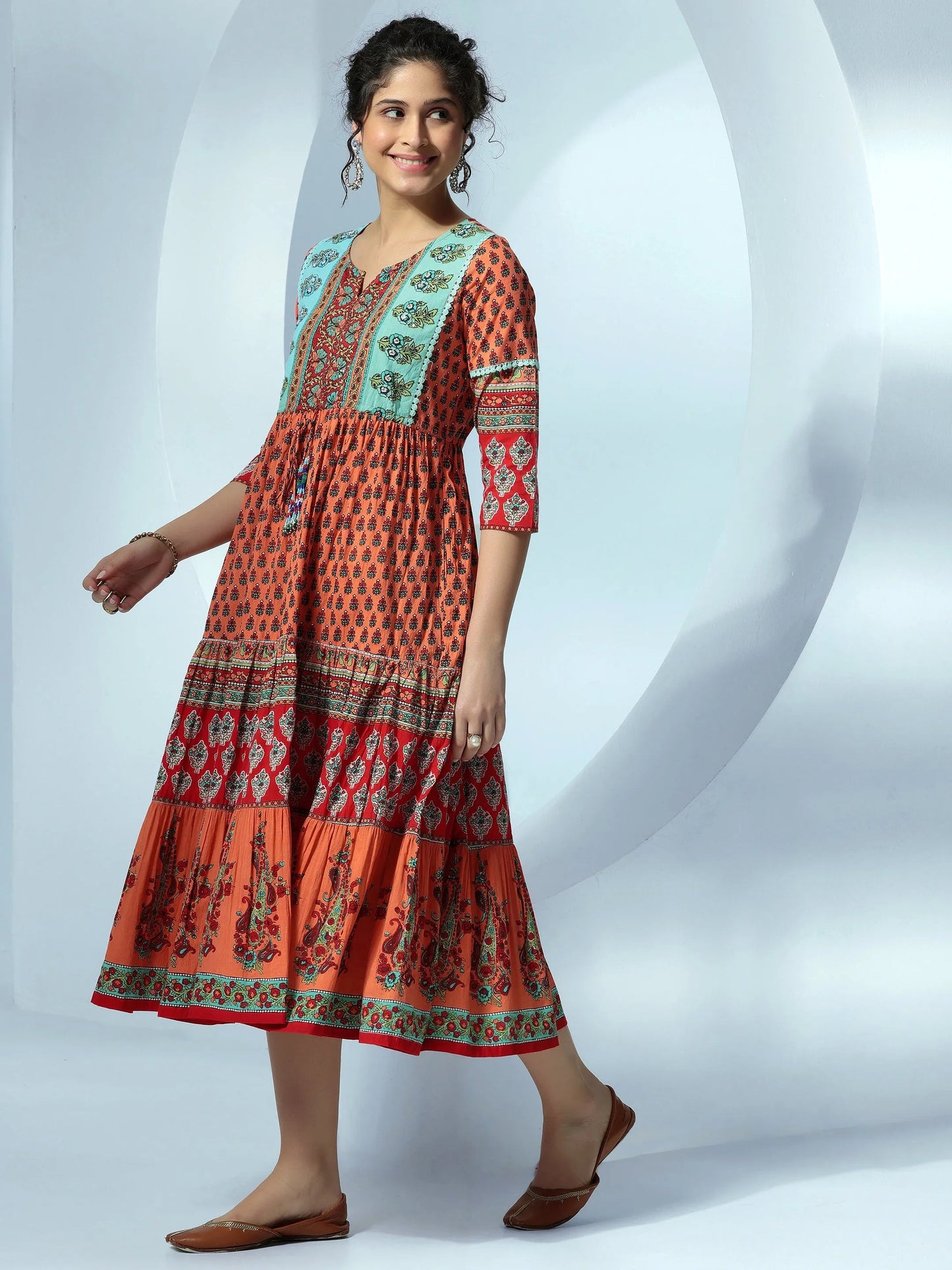 Orange Printed Fit and Flare Cotton Dress by My Store