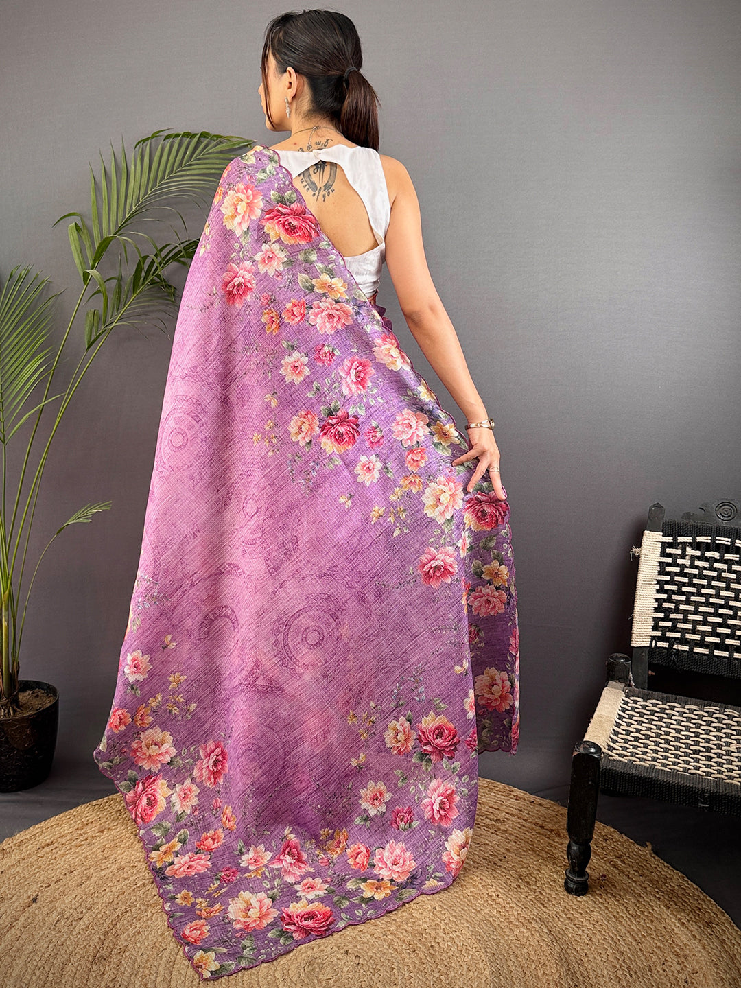 Lavender Kota Doriya Floral Cut Work Saree by My Store