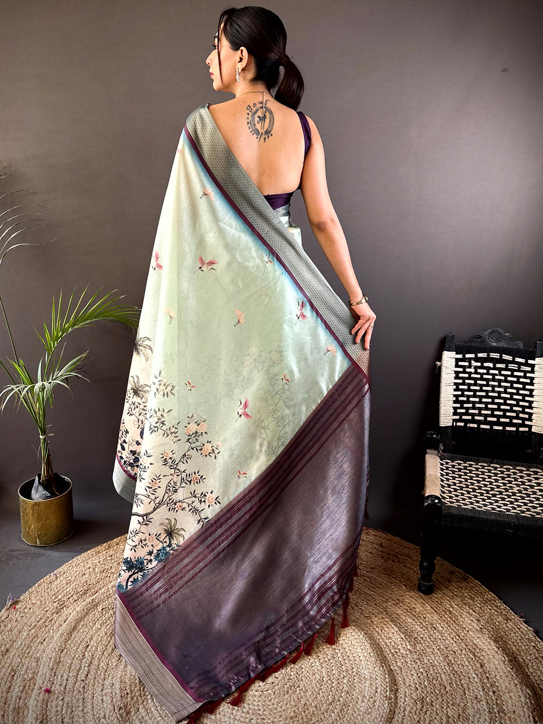 Mint Green Digital Kalamkari Printed Tussar Silk Saree by My Store