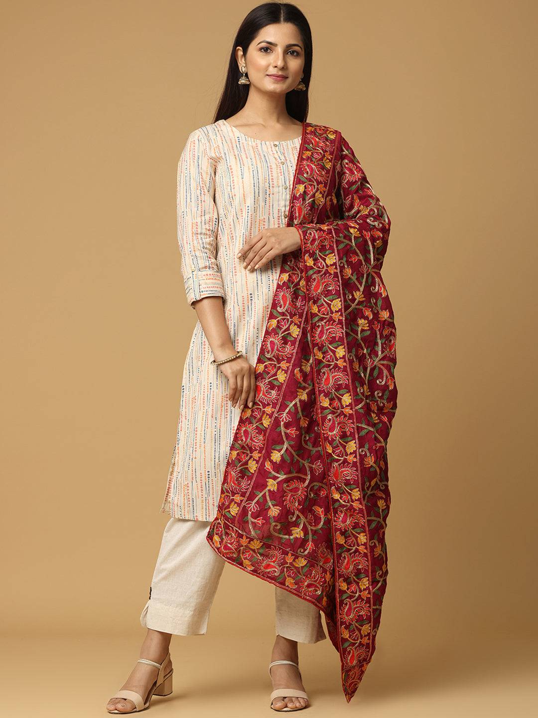 Beautiful Wine  Poly Chiffon Pashmina Threadwork Dupatta