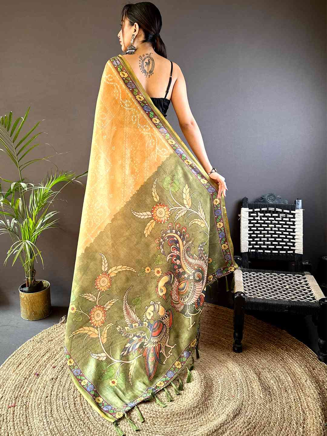 Lemon Yellow Tissue Bandhej Kalamkari Saree by My Store