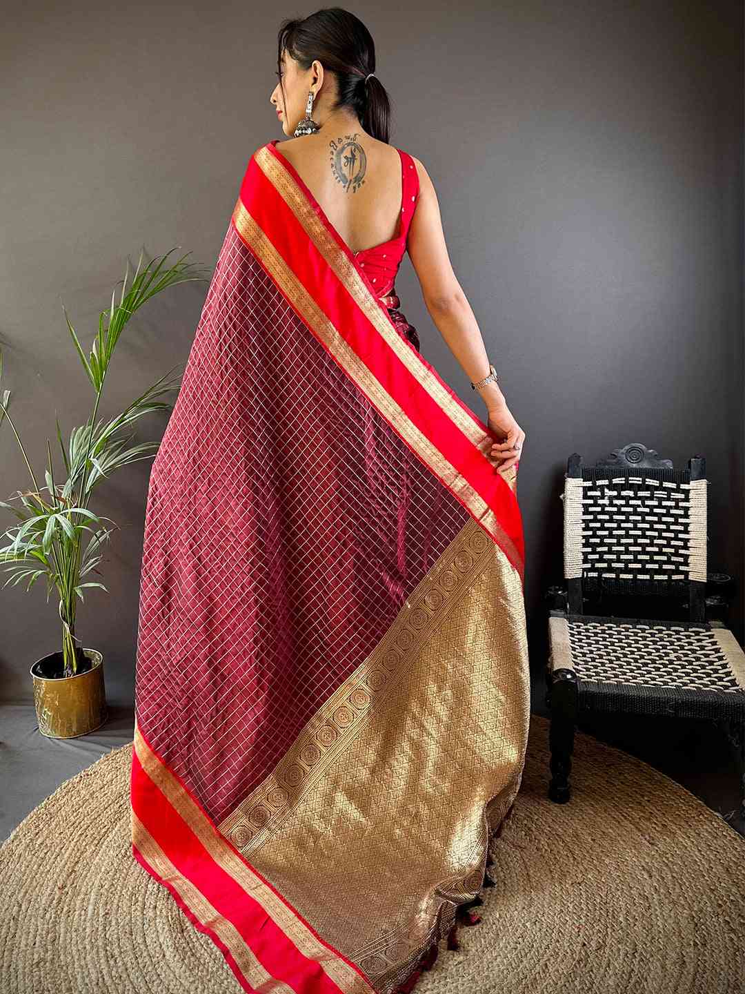 Brown Silk Woven Kanchi Banarasi Saree by My Store