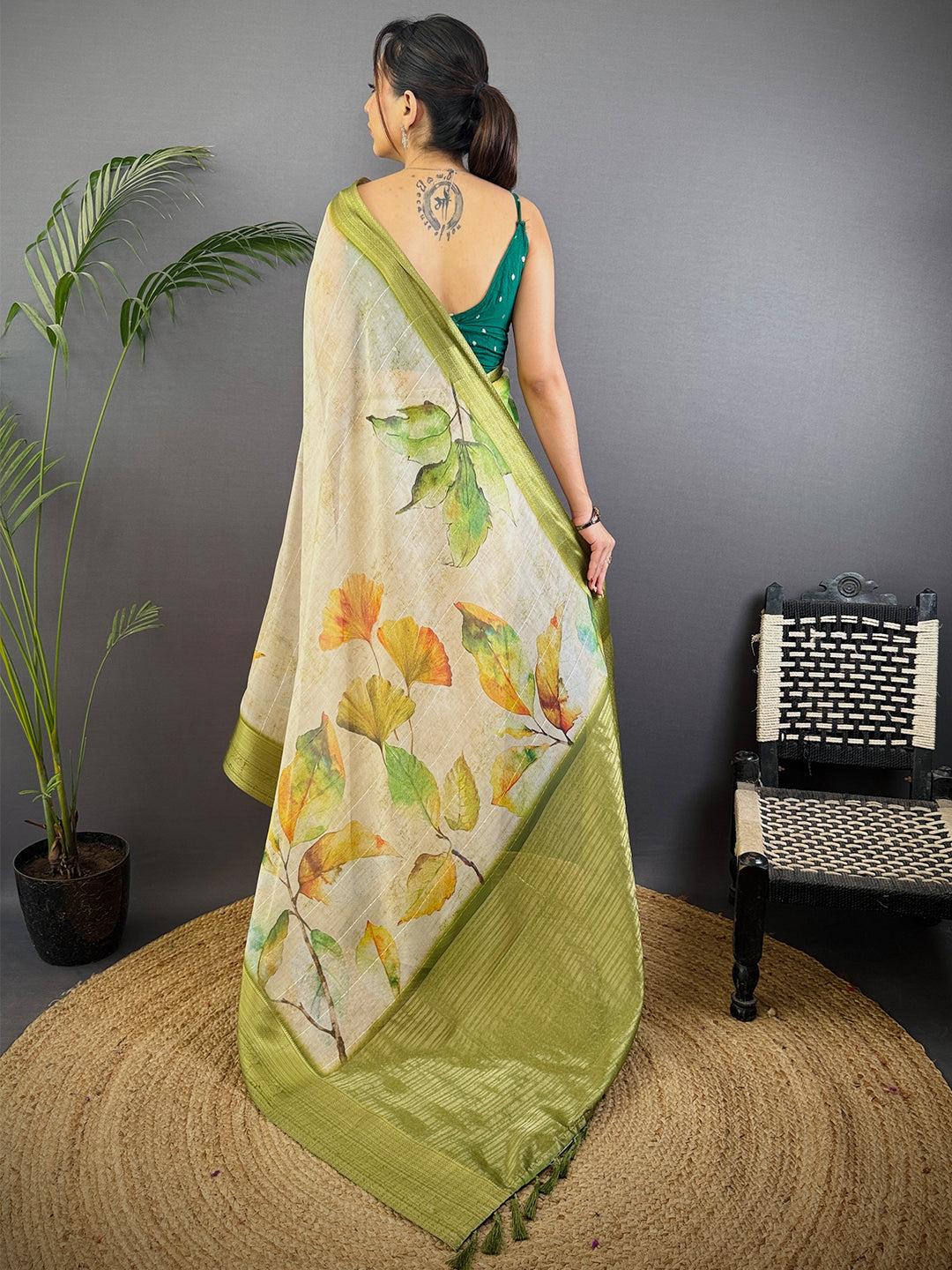Off Whitte Soft Organza Digital Print Saree by My Store