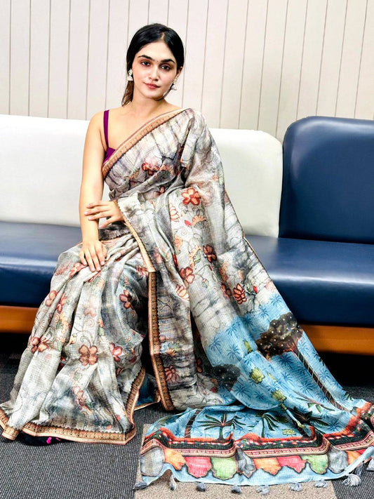 Grey Kota Doriya Silk Saree With Floral Print by My Store