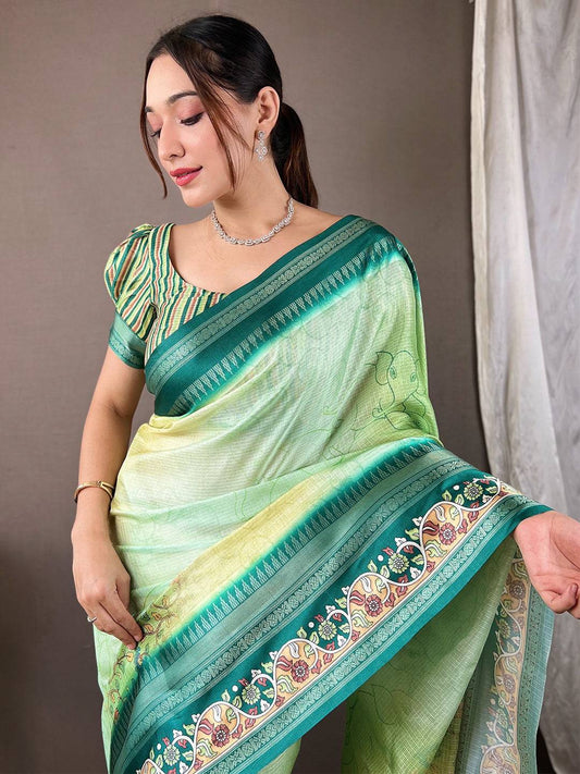 Emerald Green Kota Satin Border Saree by My Store