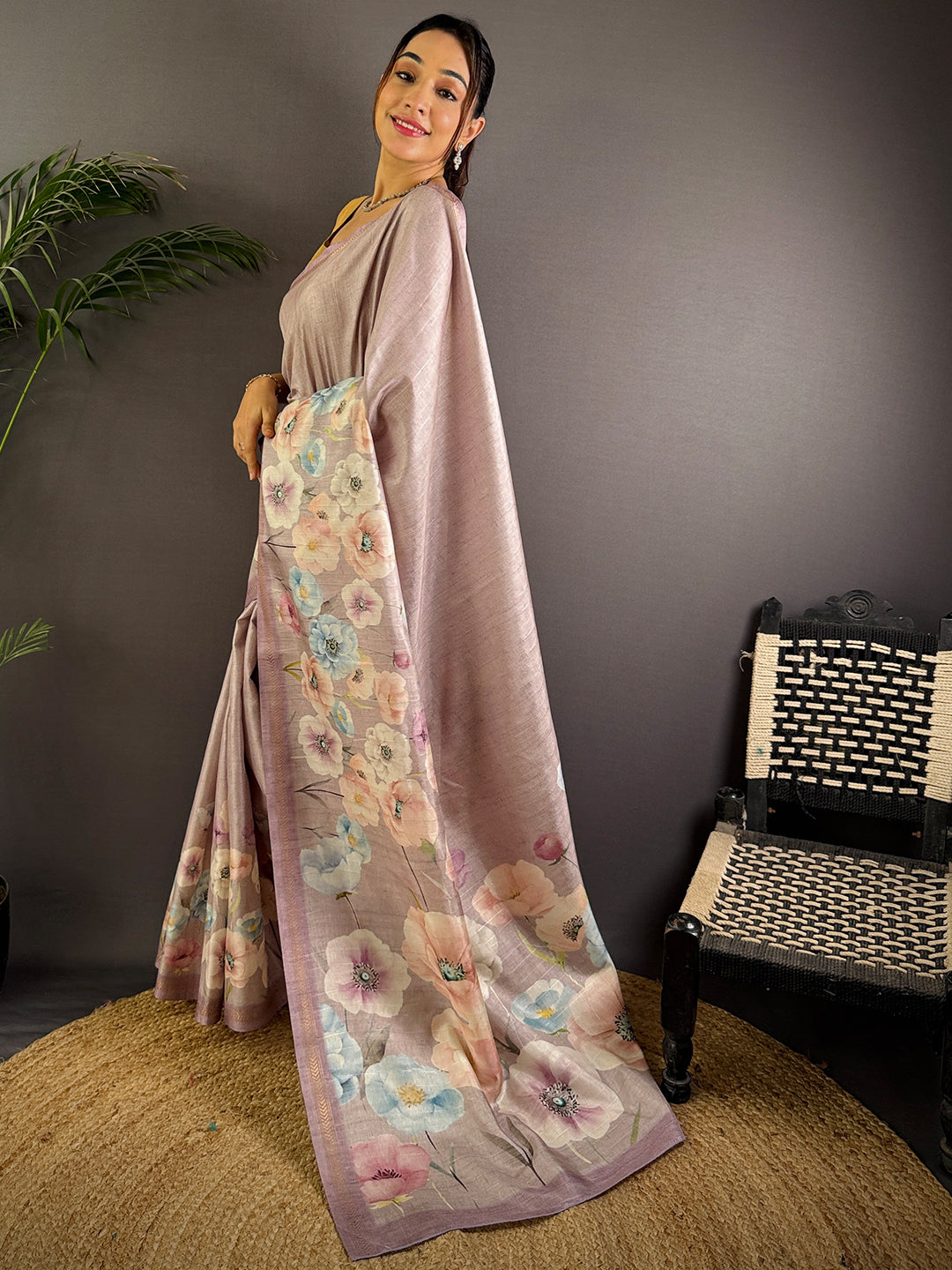 Light Purple Tussar Ghicha Silk Saree by My Store