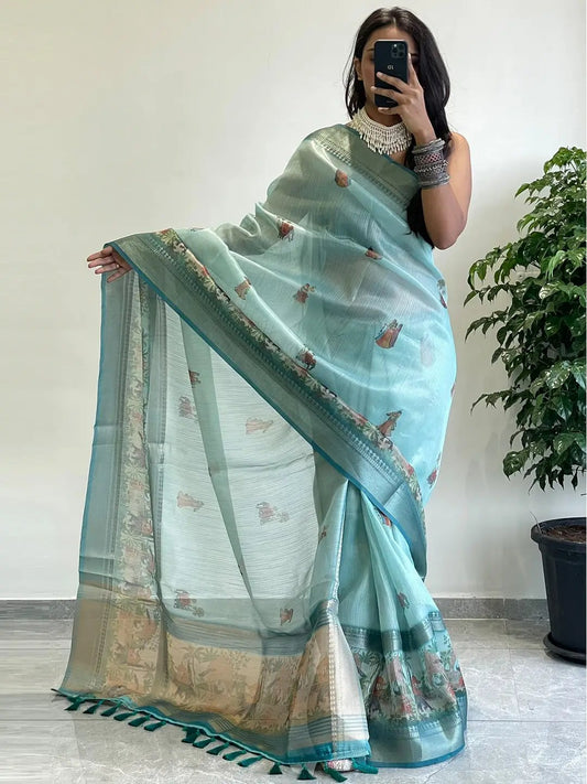 Exclusive Soft Gold Zari Tissue Digital Print Saree by My Store