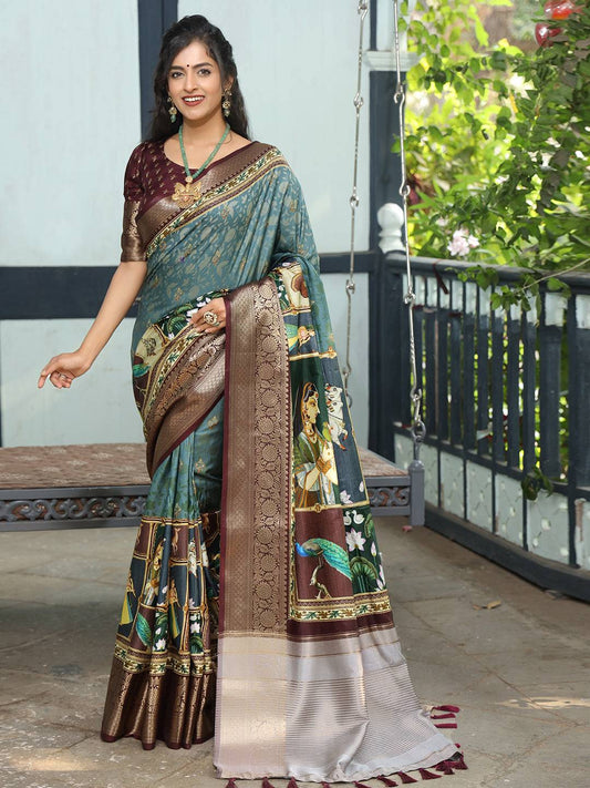 Pure Viscose Dola Silk Saree With Zari Weaving Pallu In Teal Colour - Luxe by My Store