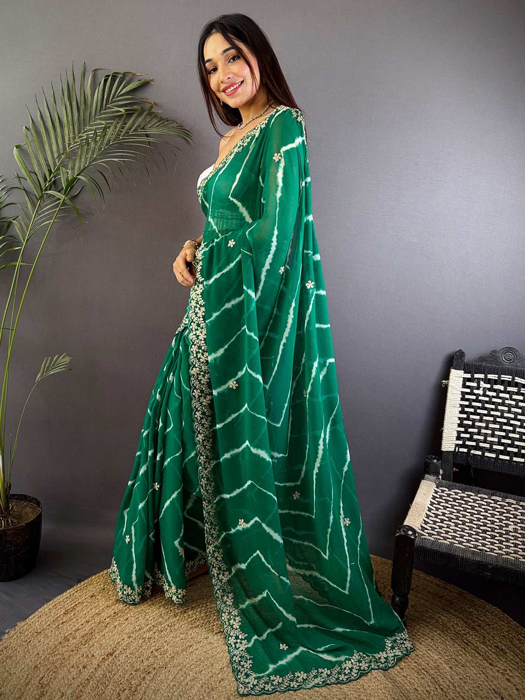 Green Soft Georgette Bandhej Print Saree by My Store
