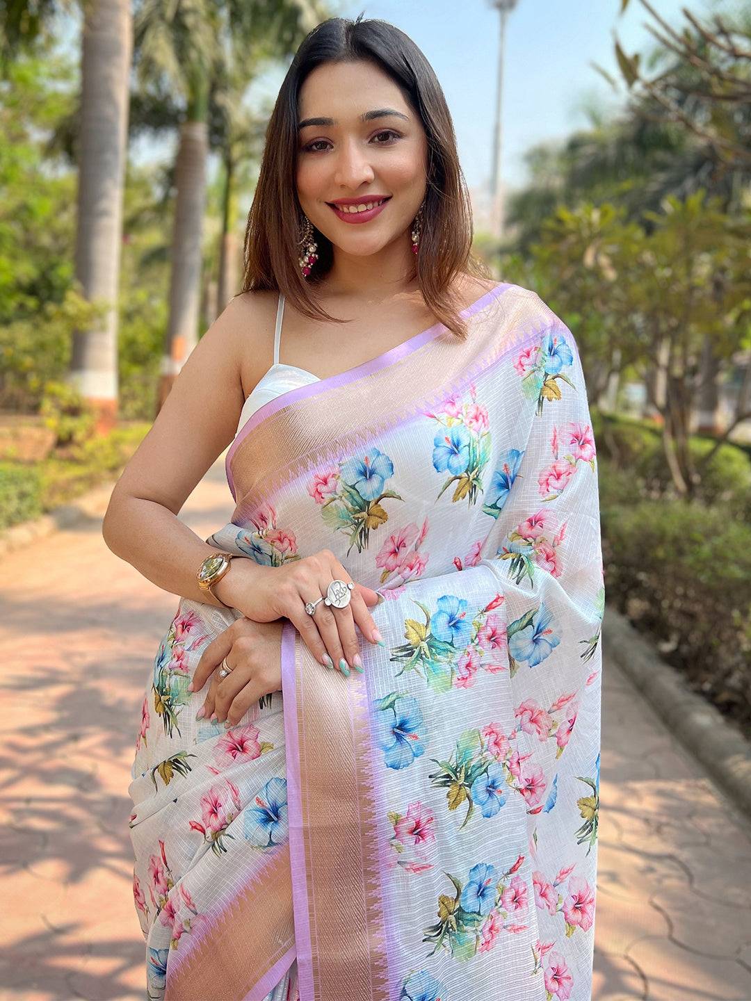 Lavender Kota With Digital Floral Printed Saree by My Store