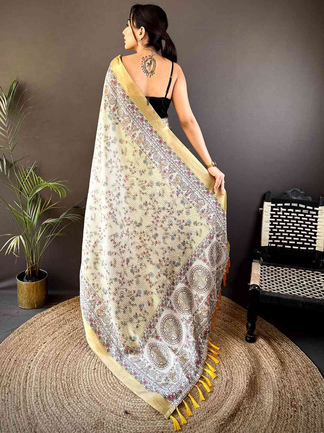 Off White Chanderi Madhubani Black Chex Saree by My Store