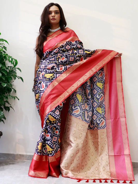 Attractive Soft Silk Gadwal Border Pochampally Print Saree