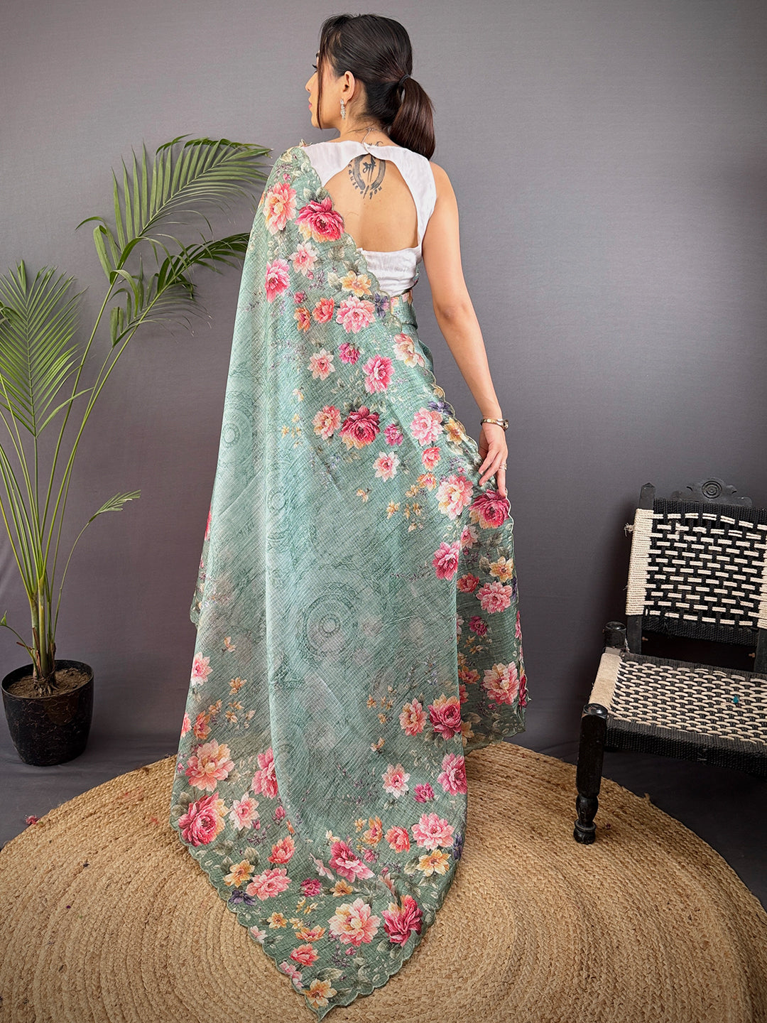 Mint Green Kota Doriya Floral Cut Work Saree by My Store