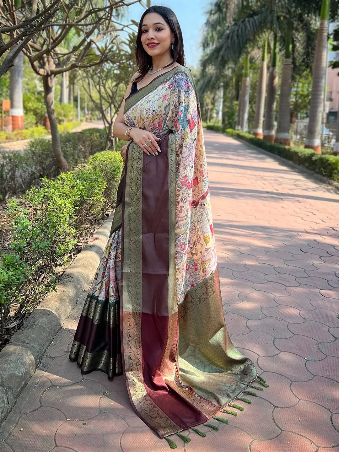 Light Green Colour Double Border Chex Weaving Banarasi Soft Silk Saree by My Store