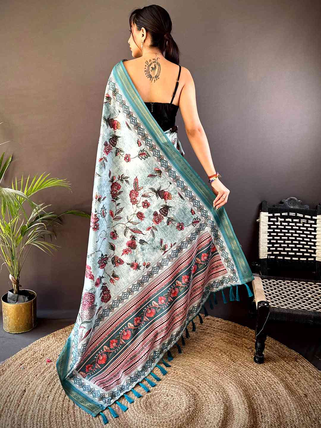 Sky Blue Soft Silk Kalamkari Print Saree by My Store