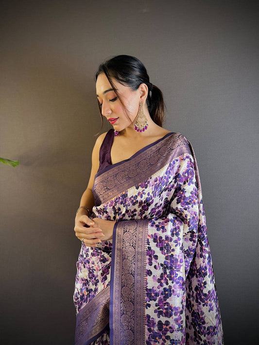 Radiant in Purple Floral Print Saree by My Store