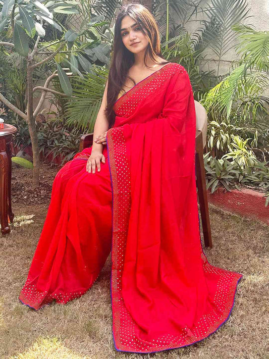 Red colour Vichitra Silk Saree With Embellish Swarovski Stone work by My Store