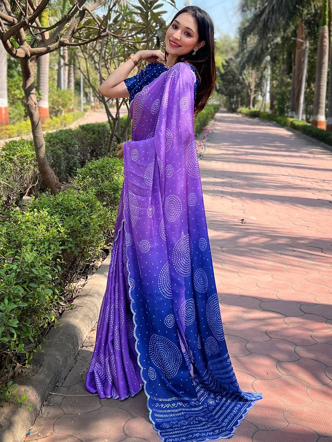 Lavender Georgette Silk Saree with Ombre Bandhej Print & Swaroski Stone Work by My Store