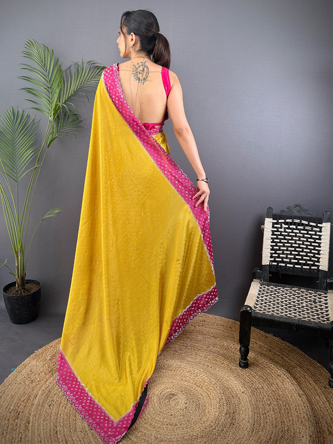Mustard Poly Chiffon Diamond Swaroski Work Saree by My Store