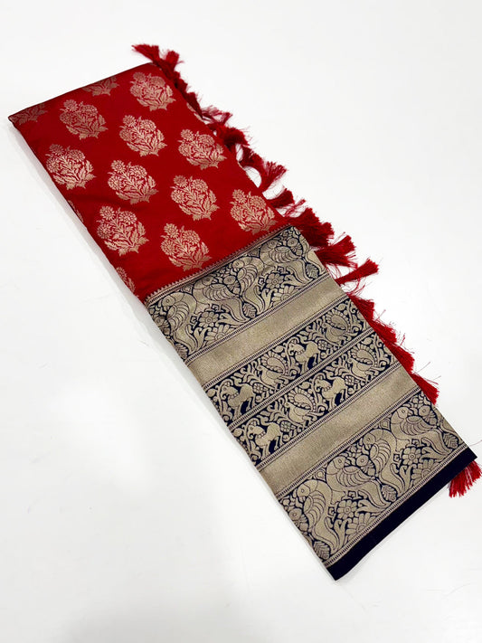 Rose Red Woven Design Banarasi Saree by My Store