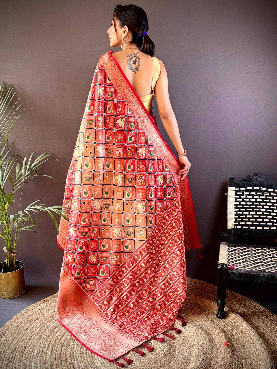 Ombre Red Soft Silk Patola Print Saree by My Store