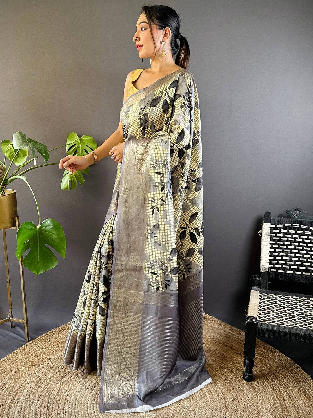 Leaf And Check Grey Viscose Saree by My Store