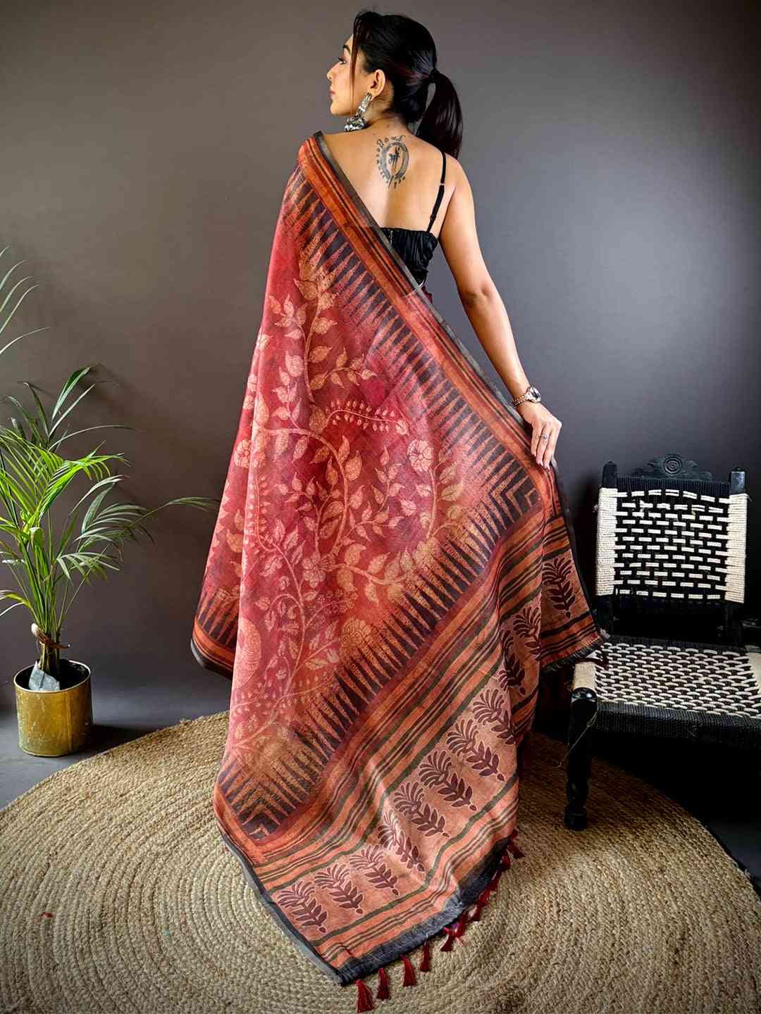 Rust Red Floral Stripes Tissue Saree by My Store