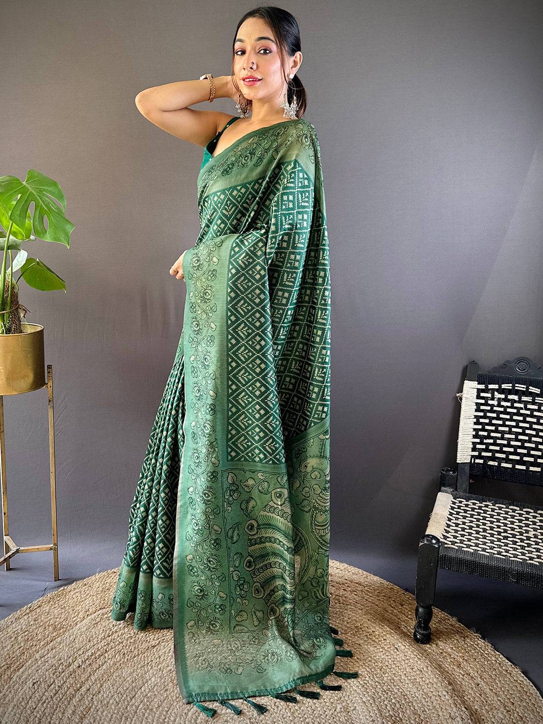 Bottle Green Patola Kalamkari Saree by My Store