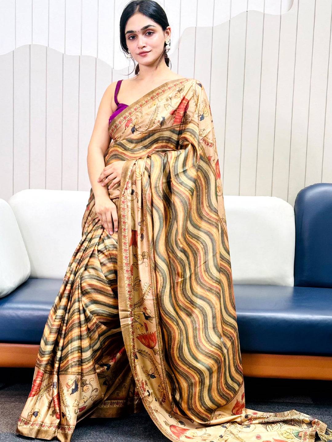 Olive Tussar Silk Kalamakri Flower With Leheriya Print Saree by My Store