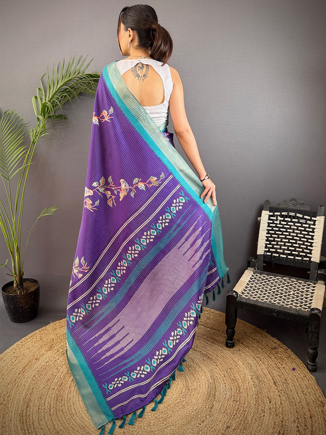 Purple Chanderi Check Sparrow Print Saree by My Store