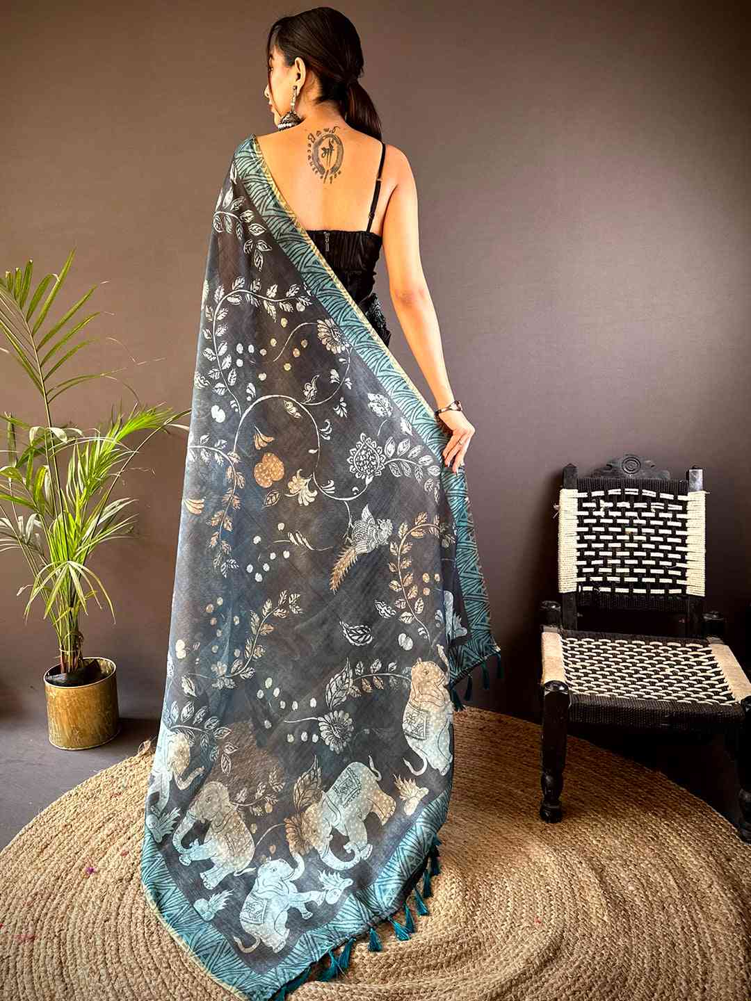 Navy Kalamkari Block Print Chanderi Saree by My Store