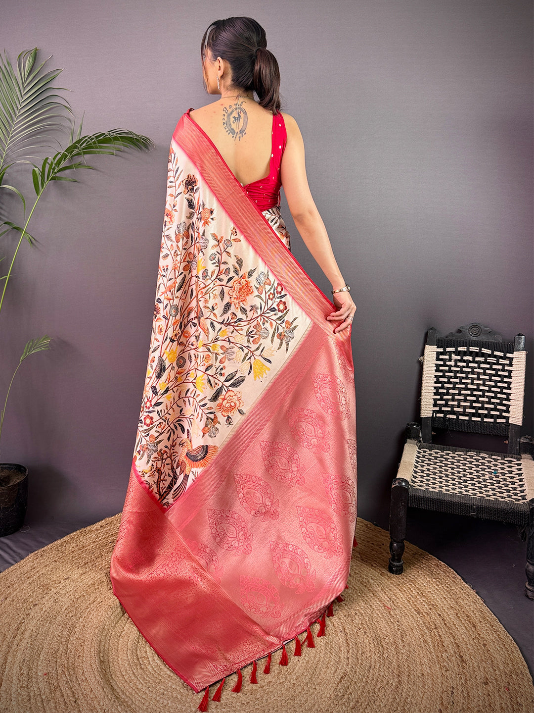 Ivory Cherry Satin Kalamkari Saree by My Store