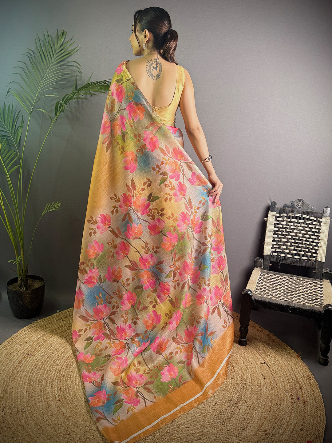 Mustard Yellow Linen Juth Digital Print Saree by My Store