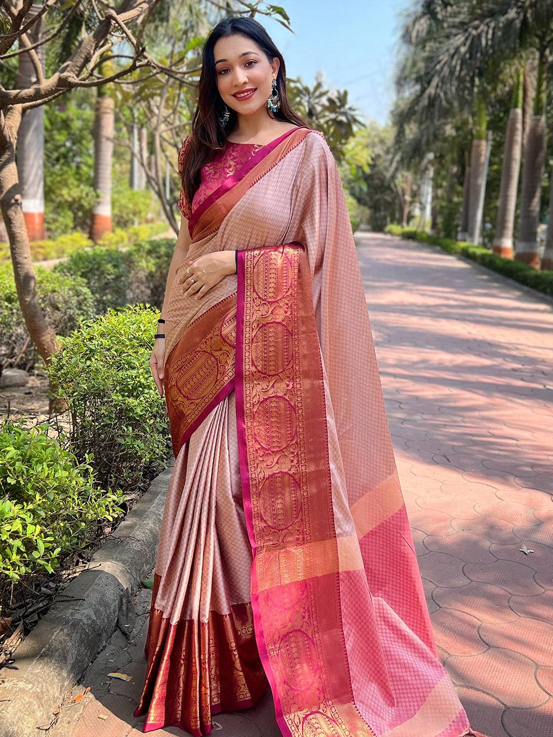Brown Aura Soft Silk Saree With Kanjivaram Weaving Broced Zari Blouse by My Store