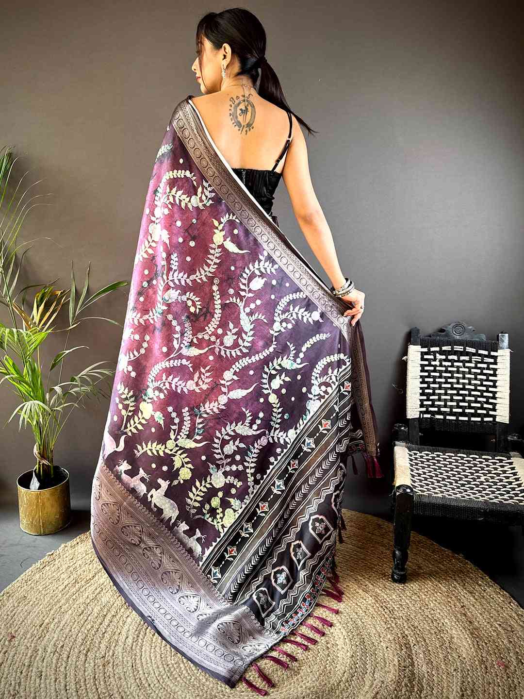 Lavender Floral Animal Batik Soft Silk Saree by My Store