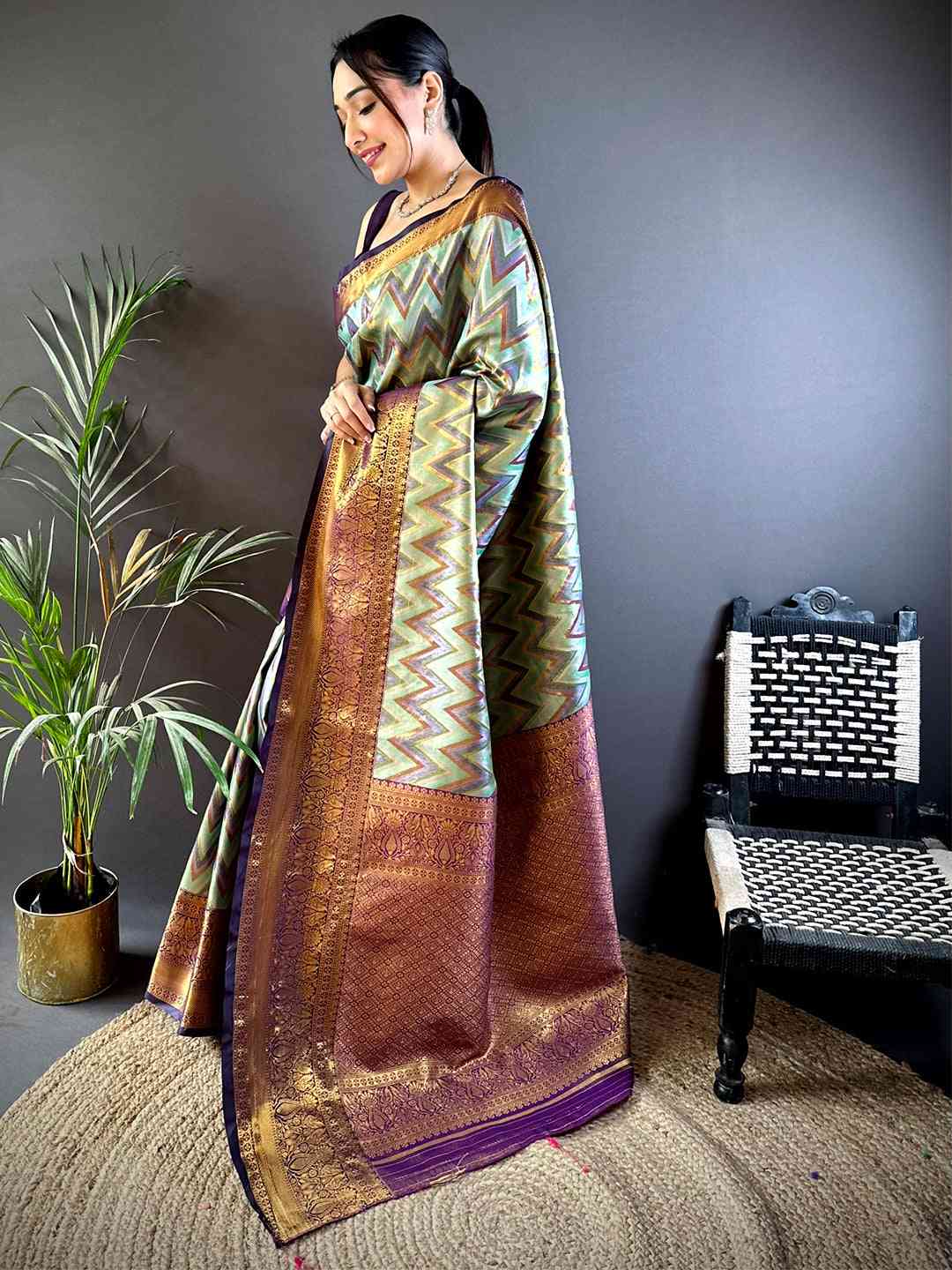 Majestic Brown Zigzag Dharmavaram Silk Saree by My Store