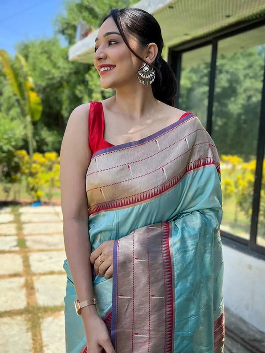 Sky Blue Paithani Silk Pichwai Woven Saree by My Store