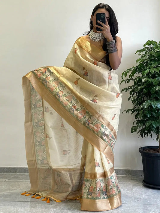 Exclusive Soft Gold Zari Tissue Digital Print Saree by My Store
