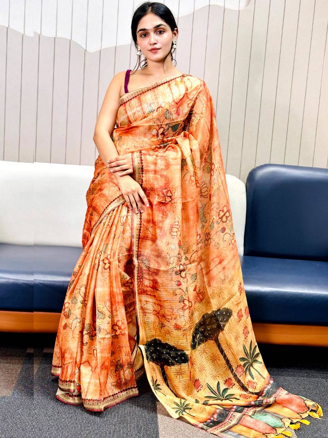 Orange Kota Doriya Silk Saree With Floral Print by My Store