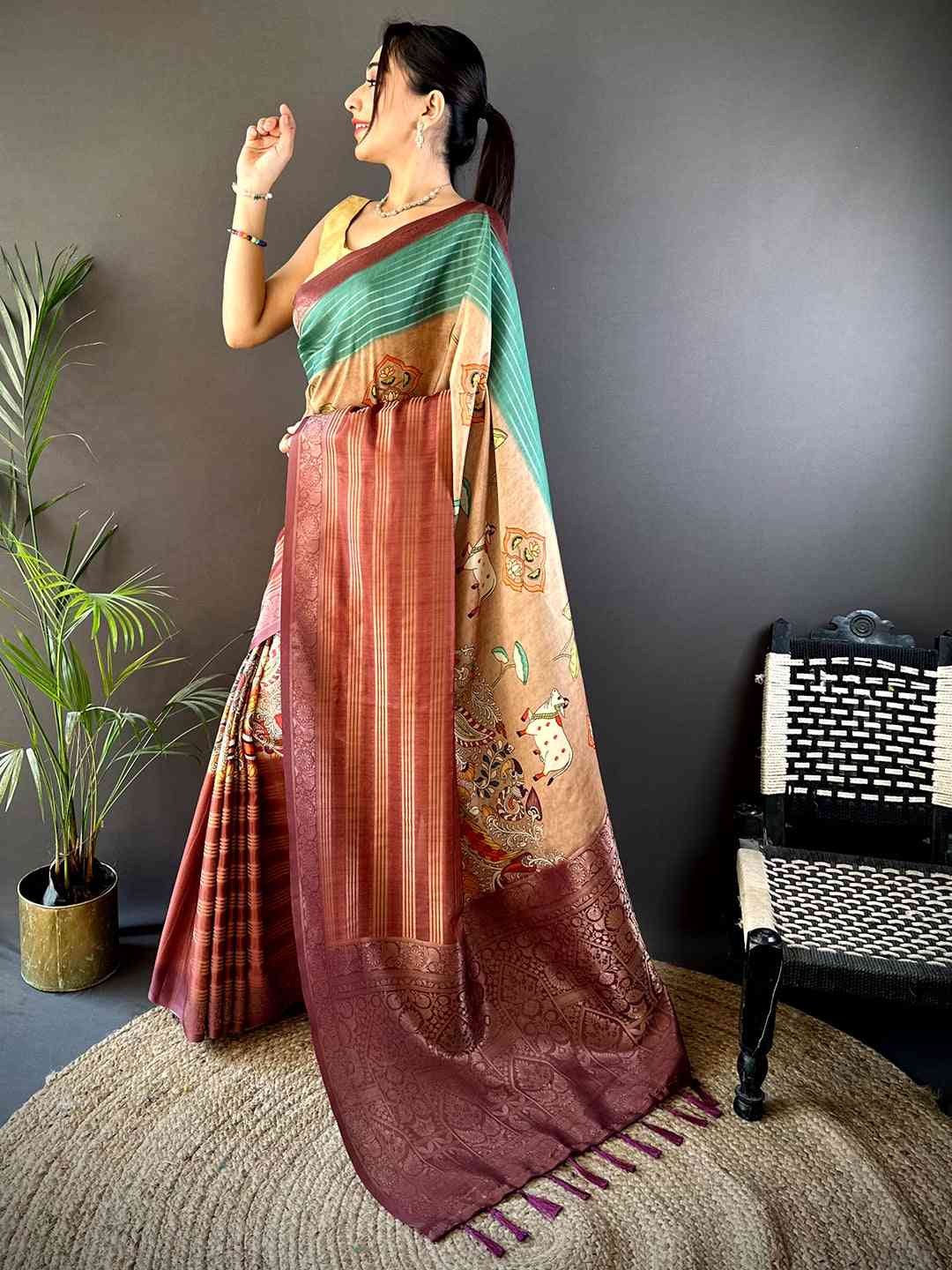 Green Soft Crep Silk Ombre Print Saree by My Store