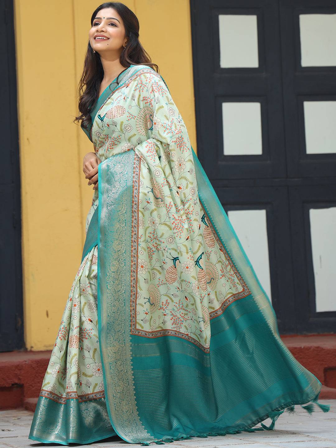 Pista Hand Kalamkari Printed Pure Viscose Dola Silk Saree - Luxe