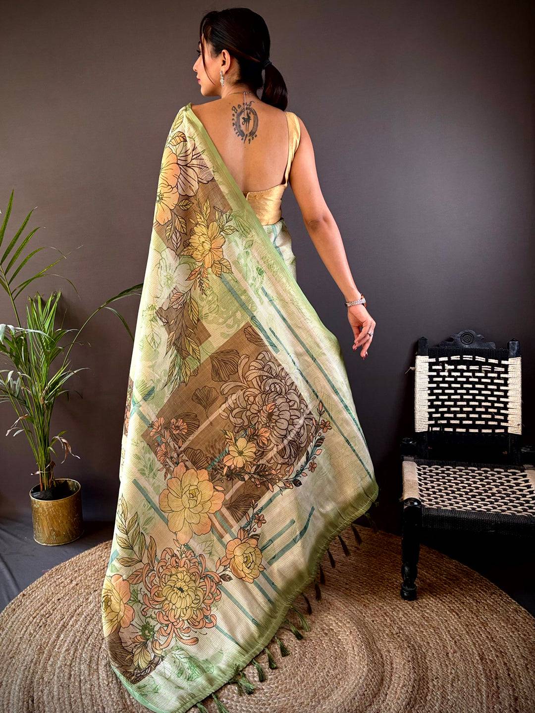 Mint Green Tussar Floral Saree by My Store