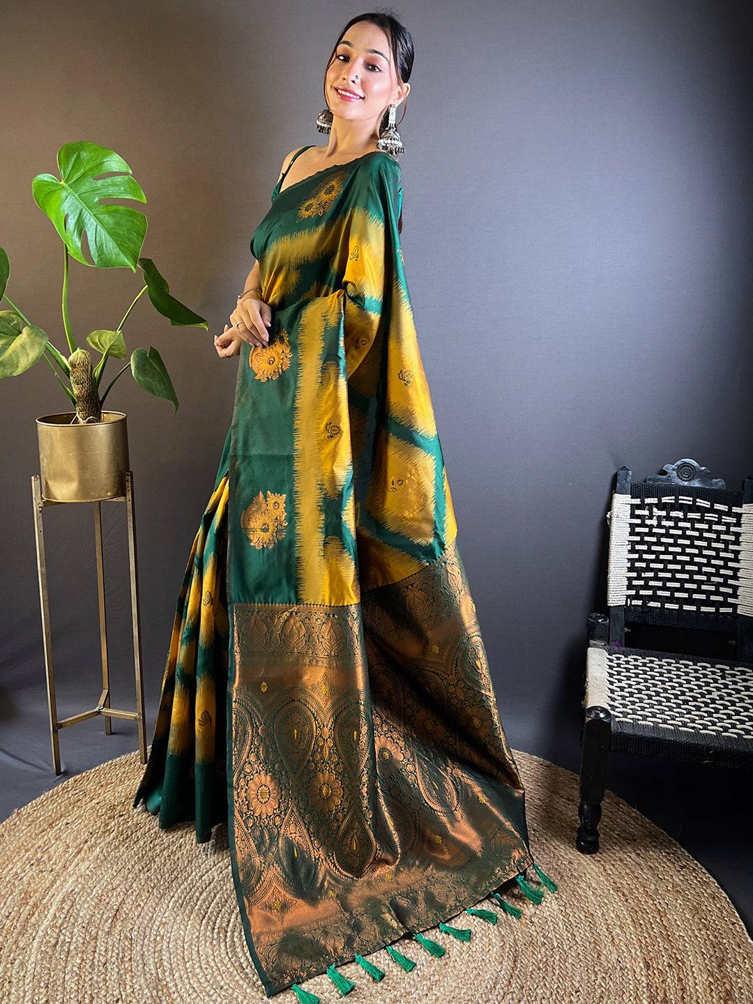 Mustard Tussar Silk Ikkat Weaving Saree by My Store
